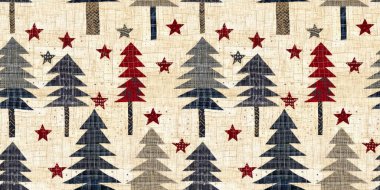 Old-Fashioned christmas tree with primitive hand sewing fabric effect banner. Cozy nostalgic homespun winter hand made crafts style ribbon