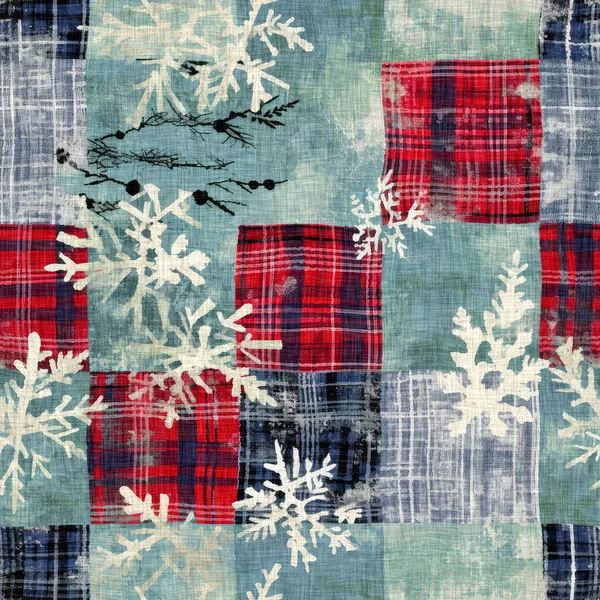 Grunge Americana Kerst Sneeuwvlok Rood Blauw Wit Huisje Stijl Achtergrond — Stockfoto