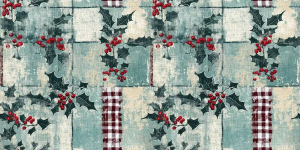 Grunge Americana Natale Agrifoglio Rosso Blu Bianco Cottage Stile Bordo — Foto Stock