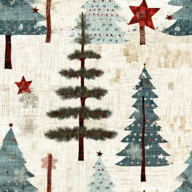 İlkel el dikimi kumaş efektli eski moda noel ağacı. Konforlu nostaljik ev yapımı kışlık el işçiliği, kusursuz desen.