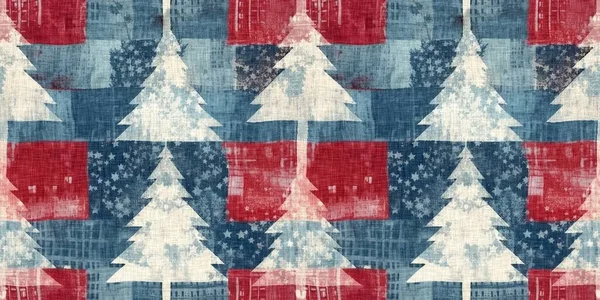 Grunge Americana Weihnachtsbaum Rot Blau Weiß Landhausstil Nahtlose Grenze Festlicher — Stockfoto
