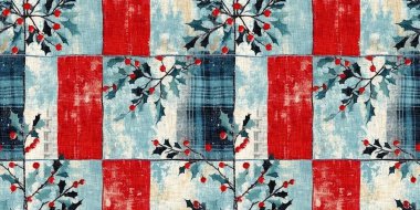 Grunge americana Christmas holly red blue white cottage style seamless border. Festive distress cloth effect for cozy winter home decor. clipart