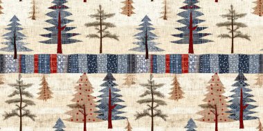 Old-Fashioned christmas tree with primitive hand sewing fabric effect endless edging. Cozy nostalgic homespun winter hand made crafts style trim