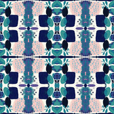 Kumaş efektli modern yama şablonu deseni. Kusursuz çağdaş yorgan modadan esinlenilmiş yazlık arka plan tasarımları için tekstil baskısı