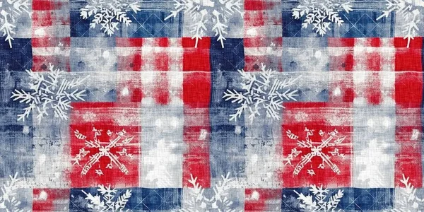 Grunge Americana Boże Narodzenie Płatek Śniegu Czerwony Niebieski Biały Domek — Zdjęcie stockowe