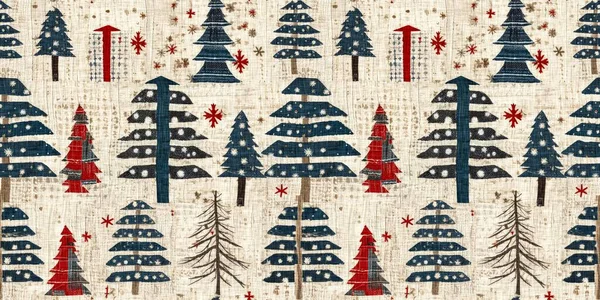 Old Fashioned Christmas Tree Primitive Hand Sewing Fabric Effect Banner — Stockfoto