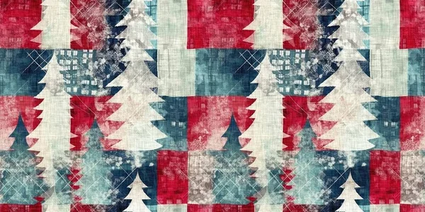 Grunge Americana Albero Natale Rosso Blu Bianco Cottage Stile Bordo — Foto Stock