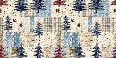 Old-Fashioned christmas tree with primitive hand sewing fabric effect endless edging. Cozy nostalgic homespun winter hand made crafts style trim