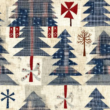 İlkel el dikimi kumaş efektli eski moda noel ağacı. Konforlu nostaljik ev yapımı kışlık el işçiliği, kusursuz desen.