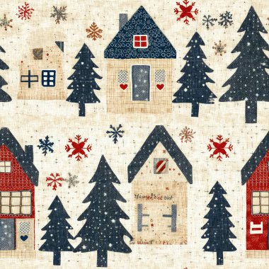 İlkel el dikimi kumaş efektiyle taşralı bir kır evi. Konforlu nostaljik, pejmürde, şık, ev yapımı Amerikan kış el sanatları tarzı, kusursuz desenli.