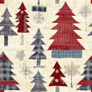 İlkel el dikimi kumaş efektli eski moda noel ağacı. Konforlu nostaljik ev yapımı kışlık el işçiliği, kusursuz desen.