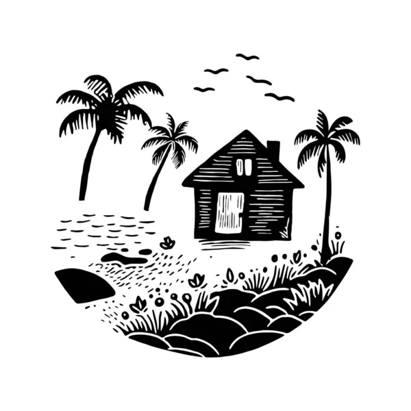Caprichosa Cabaña Playa Bloque Impresión Ilustración Para Concepto Viaje Tropical — Vector de stock