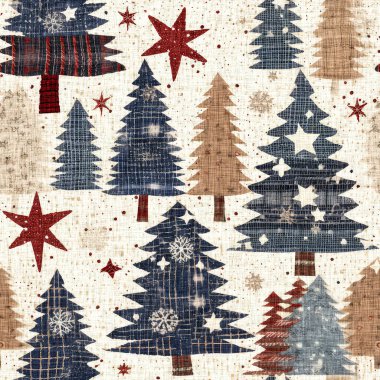 İlkel el dikimi kumaş efektli eski moda noel ağacı. Konforlu nostaljik ev yapımı kışlık el işçiliği, kusursuz desen..