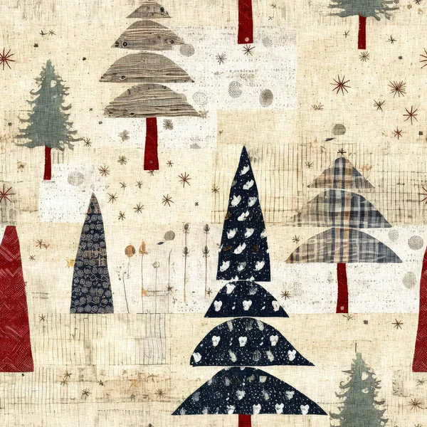 stock image Rustic country christmas cottage with primitive hand sewing fabric effect. Cozy nostalgic shabby chic homespun americana winter handmade crafts style seamless pattern