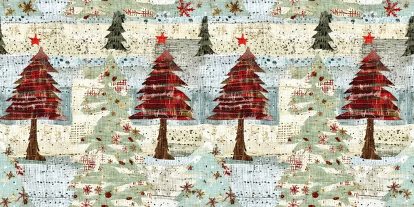 Old Fashioned Christmas Tree Primitive Hand Sewing Fabric Effect Border — Stock Photo, Image