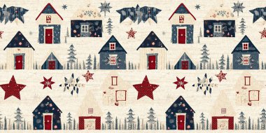 İlkel el dikimi kumaş efektiyle taşralı bir kır evi. Sınır. Rahat nostaljik, pejmürde, şık, ev yapımı, Amerikan el yapımı el sanatları stiliyle süslenmiş bir kurdele.