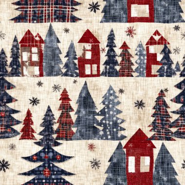 İlkel el dikimi kumaş efektli eski moda noel ağacı. Konforlu nostaljik ev yapımı kışlık el işçiliği, kusursuz desen.