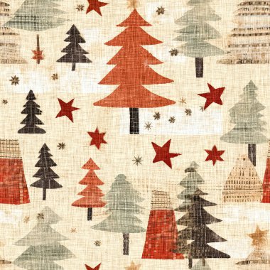 İlkel el dikimi kumaş efektli eski moda noel ağacı. Konforlu nostaljik ev yapımı kışlık el işçiliği, kusursuz desen.