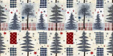 Old-Fashioned christmas tree with primitive hand sewing fabric effect banner. Cozy nostalgic homespun winter hand made crafts style ribbon