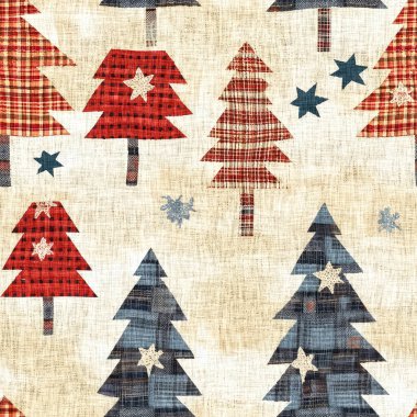 İlkel el dikimi kumaş efektli eski moda noel ağacı. Konforlu nostaljik ev yapımı kışlık el işçiliği, kusursuz desen.