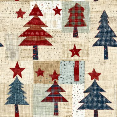 İlkel el dikimi kumaş efektli eski moda noel ağacı. Konforlu nostaljik ev yapımı kışlık el işçiliği, kusursuz desen.