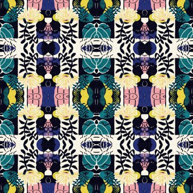 Kumaş efektli modern yama şablonu deseni. Kusursuz çağdaş yorgan modadan esinlenilmiş yazlık arka plan tasarımları için tekstil baskısı