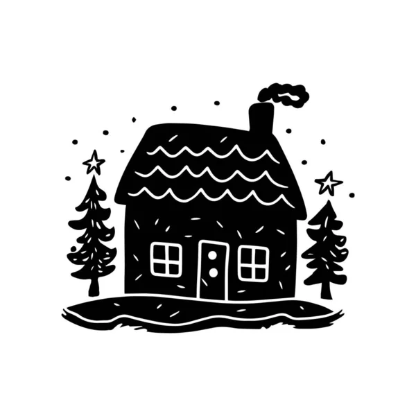 Quirky Rural Cabin Holiday Home Vector Illustration Block Print Real — Stock Vector
