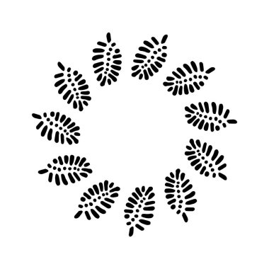 Beyaz arkaplanda izole edilmiş garip vektör tarzında Scandi çelengi. Eğlenceli antika grafikler için dekoratif çerçeveler. Tek renkli dekoratif tuhaf illüstrasyon