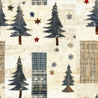İlkel el dikimi kumaş efektli eski moda noel ağacı. Konforlu nostaljik ev yapımı kışlık el işçiliği, kusursuz desen.