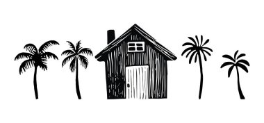 Tropikal seyahat konsepti için tuhaf plaj kulübesi blok çizimi. Tatil için stilize edilmiş palmiye ağacı olan vektör kıyı evi