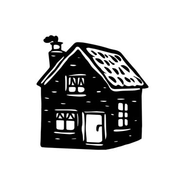 Garip kırsal kulübe tatil evi vektör çizimi. Skandi kış sahnesi karalaması için blok baskısı emlak grafiği. Tuhaf, asgari şekilli ev dekorasyonu.