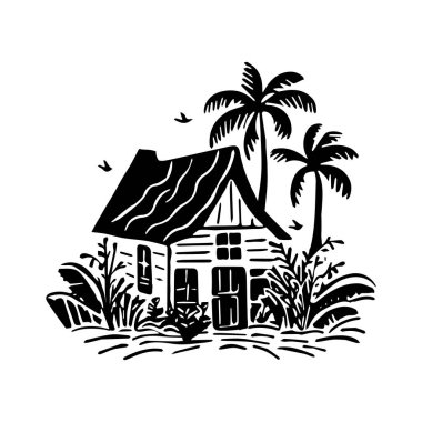 Tropikal seyahat konsepti için tuhaf plaj kulübesi blok çizimi. Tatil için stilize edilmiş palmiye ağacı olan vektör kıyı evi