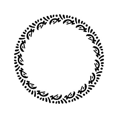 Beyaz arkaplanda izole edilmiş garip vektör tarzında Scandi çelengi. Eğlenceli antika grafikler için dekoratif çerçeveler. Tek renkli dekoratif tuhaf illüstrasyon