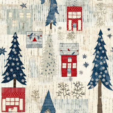 İlkel el dikimi kumaş efektiyle taşralı bir kır evi. Konforlu nostaljik, pejmürde, şık, ev yapımı Amerikan kış el sanatları tarzı, kusursuz desenli.