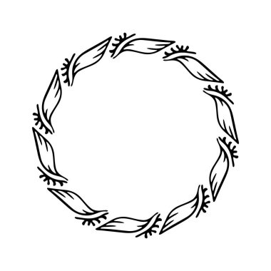 Beyaz arkaplanda izole edilmiş garip vektör tarzında Scandi çelengi. Eğlenceli antika grafikler için dekoratif çerçeveler. Tek renkli dekoratif tuhaf illüstrasyon