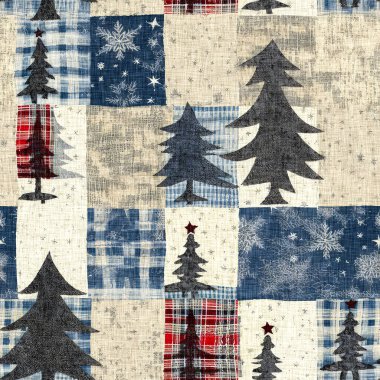 İlkel el dikimi kumaş efektli eski moda noel ağacı. Konforlu nostaljik ev yapımı kışlık el işçiliği, kusursuz desen.