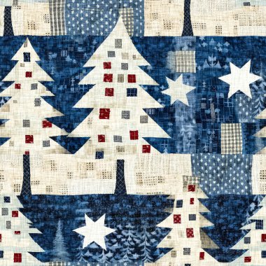 İlkel el dikimi kumaş efektli eski moda noel ağacı. Konforlu nostaljik ev yapımı kışlık el işçiliği, kusursuz desen..