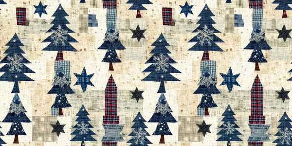 Old Fashioned Christmas Tree Primitive Hand Sewing Fabric Effect Banner — Stok fotoğraf