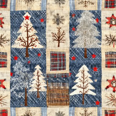 İlkel el dikimi kumaş efektli eski moda noel ağacı. Konforlu nostaljik ev yapımı kışlık el işçiliği, kusursuz desen.
