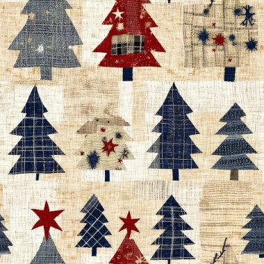 İlkel el dikimi kumaş efektli eski moda noel ağacı. Konforlu nostaljik ev yapımı kışlık el işçiliği, kusursuz desen.