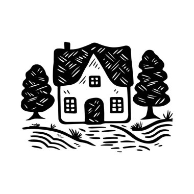 Garip kırsal kulübe tatil evi vektör çizimi. Skandi kış sahnesi karalaması için blok baskısı emlak grafiği. Tuhaf, asgari şekilli ev dekorasyonu.