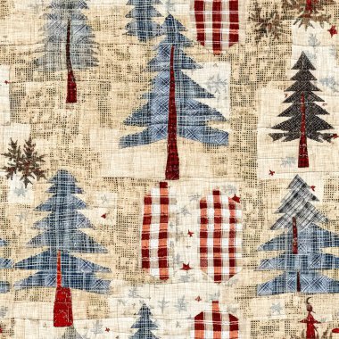 İlkel el dikimi kumaş efektli eski moda noel ağacı. Konforlu nostaljik ev yapımı kışlık el işçiliği, kusursuz desen.