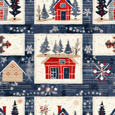 İlkel el dikimi kumaş efektiyle taşralı bir kır evi. Konforlu nostaljik, pejmürde, şık, ev yapımı Amerikan kış el sanatları tarzı, kusursuz desenli.