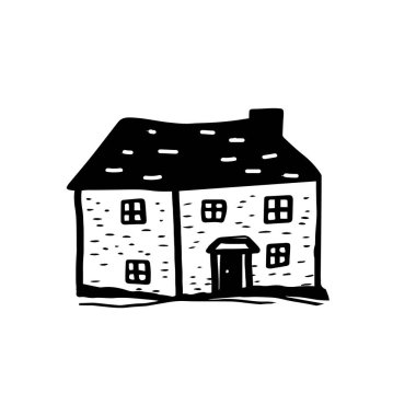 Garip kırsal kulübe tatil evi vektör çizimi. Skandi kış sahnesi karalaması için blok baskısı emlak grafiği. Tuhaf, asgari şekilli ev dekorasyonu.