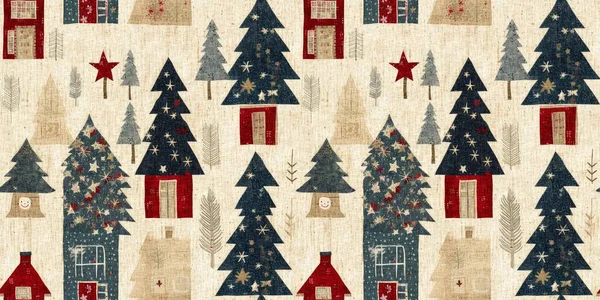 Rustic Country Christmas Cottage Primitive Hand Sewing Fabric Effect Border — Stock Photo, Image