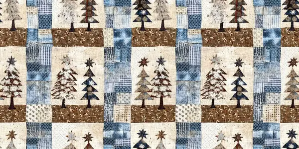 Old Fashioned Christmas Tree Primitive Hand Sewing Fabric Effect Banner — Zdjęcie stockowe