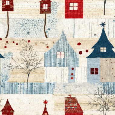 İlkel el dikimi kumaş efektiyle taşralı bir kır evi. Konforlu nostaljik, pejmürde, şık, ev yapımı Amerikan kış el sanatları tarzı, kusursuz desenli.