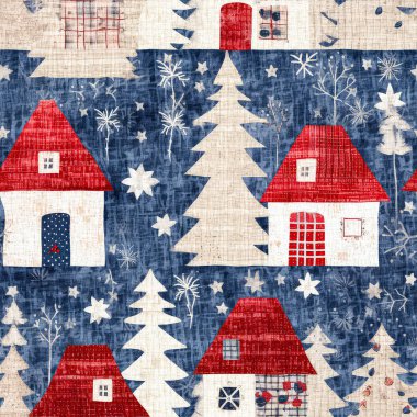 İlkel el dikimi kumaş efektiyle taşralı bir kır evi. Konforlu nostaljik, pejmürde, şık, ev yapımı Amerikan kış el sanatları tarzı, kusursuz desenli.