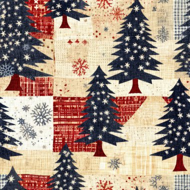 Old-Fashioned christmas tree with primitive hand sewing fabric effect. Cozy nostalgic homespun winter hand made crafts style seamless pattern clipart