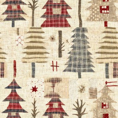 İlkel el dikimi kumaş efektli eski moda noel ağacı. Konforlu nostaljik ev yapımı kışlık el işçiliği, kusursuz desen..